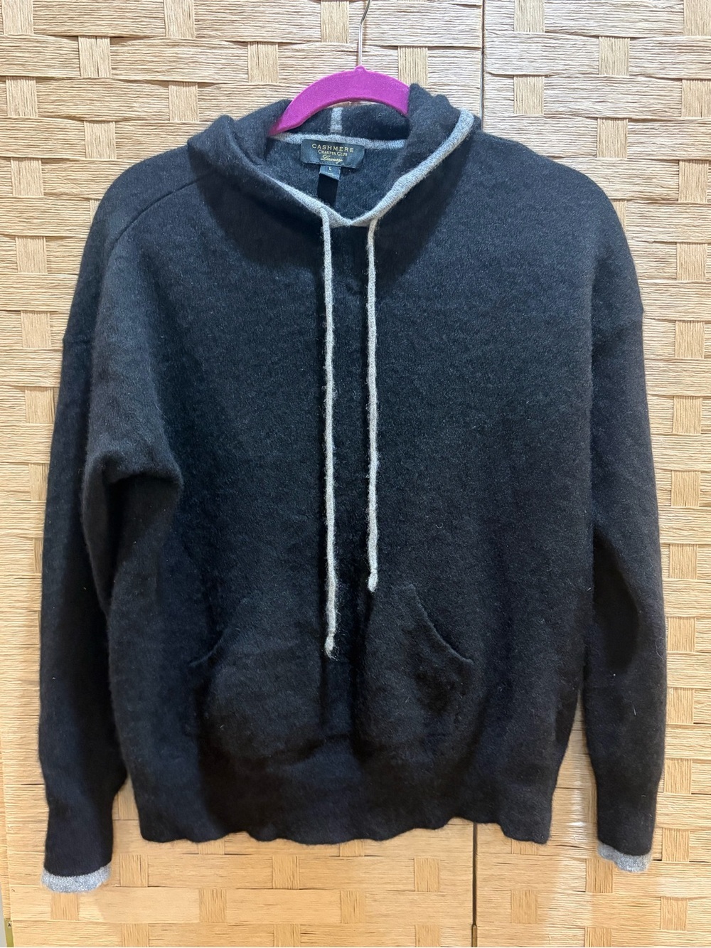 Charter Club 100% Cashmere Hooded Sweater L Black Gray Trim Luxe Pullover Soft - Picture 2 of 5